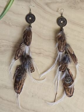 New! Long Feather, Leather Coin Earrings Drop Chain Spike charm Handcrafted